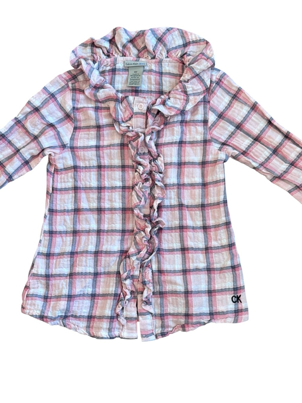 Calvin Klein Jeans Girls' Pink and Blue Plaid Ruffle Button-Up Top